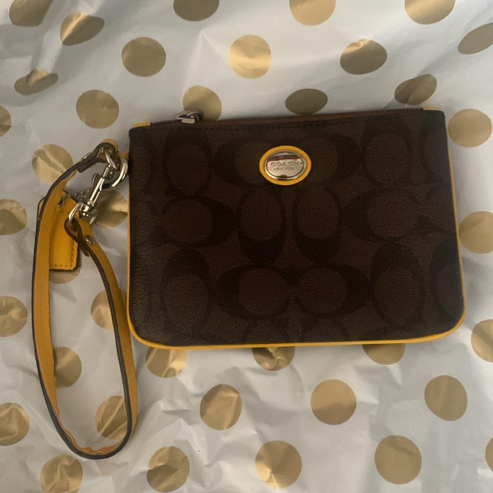 Coach Brown and Yellow Wristlet with Gold Accents FIRM! - Picture 7 of 8
